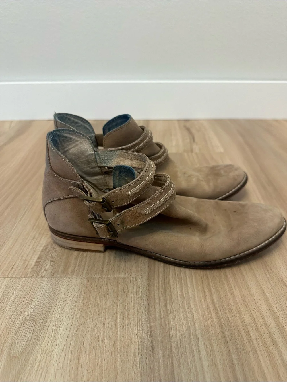 Free People Double-Buckle Suede Ankle Boots in Tan